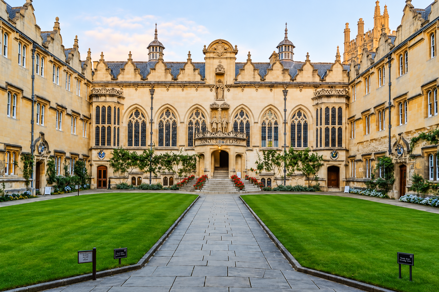 Oriel College courtyard, Oxford, with stone buildings, green lawns and a central path